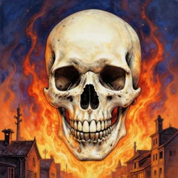 terminator skull on flaming town, background, acrilic paint, digital, artstation, detailed, intricate, ink, illustration, heavenly atmosphere