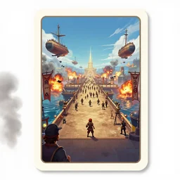dixit card, vanishing point, docks, airships, banners, parade, war scene, explosions, flak, skypirate, porko rosso, foreground watcher, smoke, fire, crash, cumulonimbus, intricate, amazing composition, colorful watercolor, by ruan jia, by maxfield parrish, by shaun tan, by nc wyeth, by michael whelan, by escher, illustration, volumetric, bloom, sun puddle