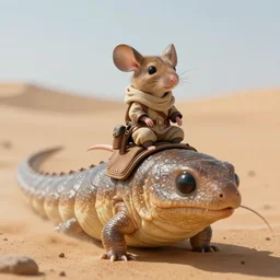 scifi concept art, a tiny sentient desert mouse wearing a fremen sillsuit and riding on the back of the giant sandworm, macro focus,