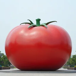 a photograph of a gigantic extremely big tomato statue, in the middle of new york, shot with premium dslr camera
