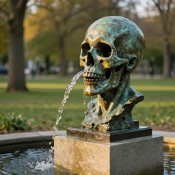 bronze statue on pedestal in park of a man's mummified head resembling a death mask, open cranium, hollow, broken, water pouring from back into stream below, 4 k image, golden hour, sigma lens