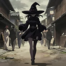 key anime visual portrait of a young female witch walking through a busy village, ilya kuvshinov, dynamic pose, dynamic perspective, cinematic, dramatic lighting, muted colors, detailed silhouette, textured, anime proportions, kyoto animation, haibane renmei