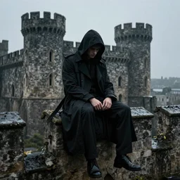 black hooded trench coat man sitting on the edge of a castle, gothic, raining, 4k resolution