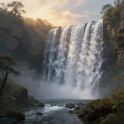 british sunrise landscape waterfall, deep focus, d & d, fantasy, intricate, elegant, highly detailed, digital painting, artstation, concept art, matte, sharp focus, illustration, hearthstone, art by artgerm and greg rutkowski