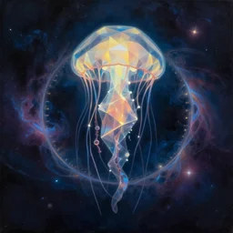 detailed realistic geometric glow painting a jellyfish portal emitting light in the cosmos by alex grey symmetry underwater in the cosmos