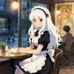 a girl in a maid's outfit in a cafe a night, raining outside the cafe, wavy white long hair, by krenz cushart and mucha and akihito yoshida and greg rutkowski and makoto shinkai, 4 k resolution