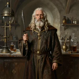 a beautiful portrait of a alchemist in medieval lab setting, d & d rpg portrait, 4 k, symmetrical, centered, art by tim hildebrandt and frank frazetta and gerald brom
