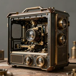 steampunk style pc, sunlight, f - stop, high quality photography,