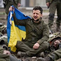 Volodymyr Zelensky at war,  dressed like  Napoleon Bonaparte,  sitting on the ground between dead corpses and crying, holding a half burnt blue and yellow flag of Ukraine, in the style of Norman Rockwell
