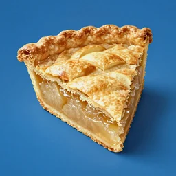 1 thick slice of apple pie floating on a blue background, 3 / 4 view, whole slice, golden crust, chesley bonestell, vincent di fate