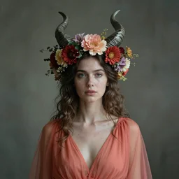 of a woman,surreal Portrait inspired by Natalie Shau,Anna Dittman,flower crown,coral dress,horns,cinematic