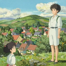 A beautiful landscape painting of a small English  village by Alfons Maria Mucha and Julie Dillon and Makoto Shinkai