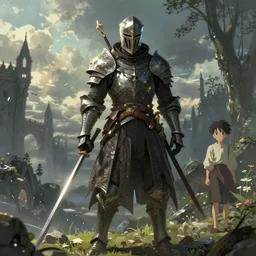 Knight in style of Dark souls and elden ring, by Makoto Shinkai and Thomas Kinkade, fantasy matte painting, trending on cgsociety and unreal engine，light effect，highly detailed