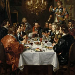dinner party oil painting by jan matejko, 2 1 st century, art, oil on canvas, wet - on - wet technique, baroque, realistic, intricate detail, dynamic lighting, expressive emotions, intricate textures, illusionistic detail,