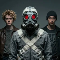 interzone grey secret society, tank girl gorillaz noodle gas mask bandages with glowing red eyes in arcane style on netflix long shot symmetrical by Ashley Wood and jamie hewlett and moebius, artstation, 4K detailed post processing, footage