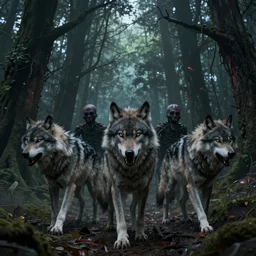 an epic action concept masterpiece of a rabid wolfpack, in a forest made of nightmares, horrific digital art, extremely moody lighting, style of chippy