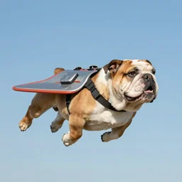an english bulldog flying with a jetpack