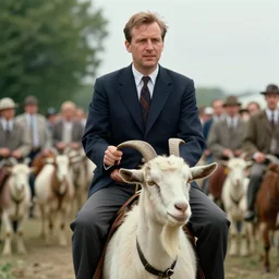 eric zemmour as a lgbt manifestant circa 1 9 6 0, riding goat, cine still, movie still, 8 k