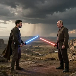 jedi battle. zelensky vs putin. cinematic, wide angle, in the style of star wars