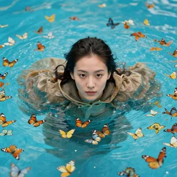 a closeup portrait of a woman wearing a cloak, swimming in a pool of millions of butterflies, canon eos c 3 0 0, ƒ 1. 8, 3 5 mm, 8 k, medium - format print