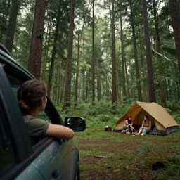 looking out a car window to see two women camping, elegant scene, low angle, wide angle, indian forest, wide angle, cinematic, ultrarealistic, trending on artstation, cgsociety, highly detailed, color graded, rendered in unreal engine 4 k hq, matte painting, by simon stalenhag and hudson river school, horizon forbidden west