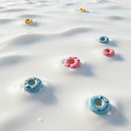 a vast ocean full of white vitamin d milk. in the ocean of milk a few fruit loops bob up and down lazily. just keep swimming. octane 3 d, ue 5, 4 k, award winning, dramatic lighting, subsurface scatter, digital art, octane 3 d.