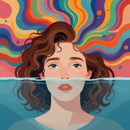 a colorful vibrant closeup portrait of a simple caucasian woman with curly mid length brown hair with a calm afraid aesthetic face half submerged in water and dreaming psychedelic hair, by kawase hasui, moebius, edward hopper and james gilleard, zdzislaw beksinski, steven outram colorful flat surreal design, hd, 8 k, artstation