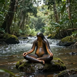 a tardigrade meditating near a river in the amazon jungle, art by christophe vacher