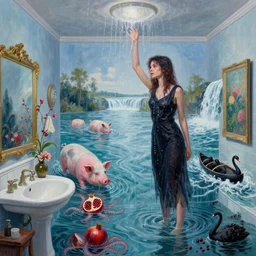 tall female emo artist in her flooded bathroom, water gushing from ceiling, painting of flood waters inside an artist's bathroom, a river flooding indoors, pomegranates, pigs, ikebana, water, octopus, river, rapids, waterfall, black swans, canoe, berries, acrylic on canvas, surrealist, by magritte and monet
