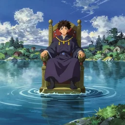 a lone emperor sitting on a throne floating on water in the middle of a lake drawn by Makoto Yukimura in the style of Vinland saga anime, full color, detailed, psychedelic, Authority