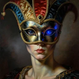 a baroque neoclassicist close - up portrait of an alien being gazing intensely with big glowing eyes wearing a uv blacklight retrofuturistic venetian carnival mask and iridescent silk at a masquerade, foggy background. renaissance portrait painting. highly detailed science fiction painting by norman rockwell, frank frazetta, and syd mead. rich colors, high contrast, gloomy atmosphere, dark background. trending on artstation