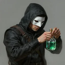 portrait of a masked a thief stealing a vial of green water, intricate, highly detailed, ray tracing, digital painting, artstation, concept art, smooth, sharp focus, illustration, art by artgerm and greg rutkowski, 8 k