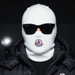 photography of a man closed to the camera wearing a white fuzzy skimask with black sunglasses on, wearing a black moncler × ding yun zhang, maximum detail, quality, high quality, flashlight, noise, wide lens