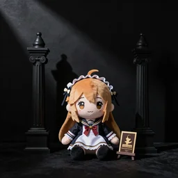 photo of touhou cirno fumo plush, dim dreary lighting, black room