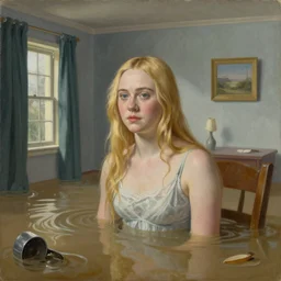 painting of Elle Fanning in a flooded house interior, by Bosch