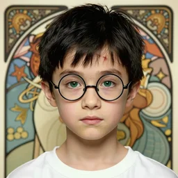portrait of a small, skinny 1 7 - year - old boy with a thin face, black hair, green eyes, round shape glasses, thin scar on his forehead, wearing white shirt, harry potter, hyper realistic face, beautiful eyes, close up, fantasy art, in the style of greg rutkowski, intricate, alphonse mucha, hyper detailed, smooth