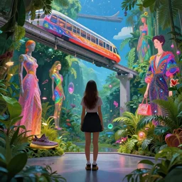 a vibrant dream of one beautiful girl wearing yeezy from behind looking through a museum of the world's best digital art, lush plants, monorail, glowing lights, high fashion, magic details, by moebius, edward hopper, james gilleard, and james jean, hd, 8 k, trending on artstation, uhd,