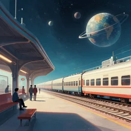A beautiful illustration of a retro futurism train station on another world by greg rutkowski| thomas kincade:.2 | Tim white:.3 | Rodney Mathews:.5 | Graphic Novel, Visual Novel, Colored Pencil, Comic Book:.2