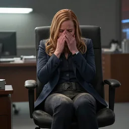 pepper potts, ceo of stark industries, sinks into her chair, desolate, her once - spotless office now covered in dust. she sobs. screenshot from the mcu, ambient lighting, 8 k, as played by gwyneth paltrow