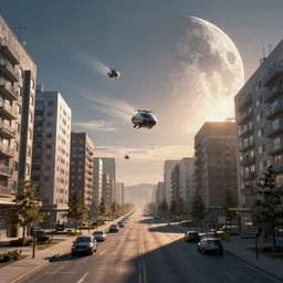 Russian futuristic city on the moon street photo, Khrushchyovkas, sunrise, flying vehicles, long shadows, photorealistic, stunning, magnum photos 4k, octane render