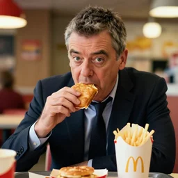 photo of rowan atkinson eating inside of a mcdonald's restaurant, highly detailed, extremely high quality, hd, 4 k, 8 k, professional photographer, 4 0 mp, lifelike, top - rated, award winning, realistic, detailed lighting, detailed shadows, sharp, no blur, edited, corrected, trending