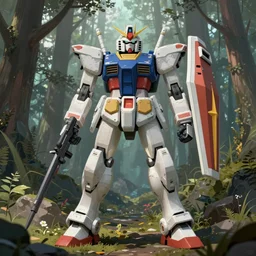 An Azure wolf themed gundam in a forest landscape, highly detailed, mobile suit, GUNDAM, mecha, sci-fi, illustration, trending on artstation, Pixiv, Behance