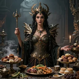 a stunning portrait of the goddess of feast and famine, ominous, cinematic shot, carachter design, realistic, photography, photorealisic, fantasy, ornate, intricate detail, epic, high definition, 8 k, midjourney, artstation