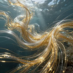 millions of thin threads of translucent gold and silver unravel and twist and flow underwater in a strong sideways current, fantasy, magic, unreal engine
