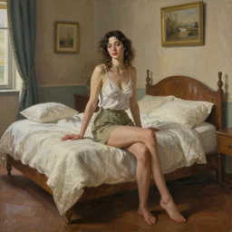 A photo of a woman posing in her Firenze bedroom, painted by Jonathan Yeo