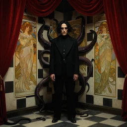 extremely detailed movie shot closeup portrait of a dark bizarre figure standing in the corner of a checkerboard checkerboard room by denis villenueve, arnold bocklin, lovecraft, amano, alphonse mucha, franz von stuck, tentacles, dynamic composition, rich moody colours, crimson drapes, 4 k details