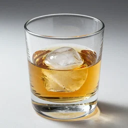 a glass of whiskey with a round ice cube