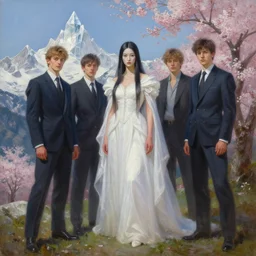 oil painting by ilya kuvshinov,, baugh casey, artgerm craig mullins, sakimichan, coby whitmore, of a youthful japanese girl, long hair, female warrior in the alps, full body, wearing white gown, highly detailed, otherworldly face, crystal tower in background, sakura tree in background, professional model photography, intense bounced light,, by zack snyder