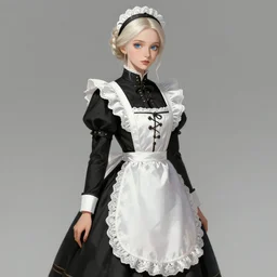 full body!! illustration of a beautiful platinum blonde victorian maid. beautiful slender face, updo, big blue eyes, fine pointy chin, slender nose, high cheek bones, soft lips. maid black dress with white apron. lace, embroidery, leather, studs. intricate, elegant, digital painting, artstation, concept art, smooth, sharp focus, art by artgerm and greg rutkowski