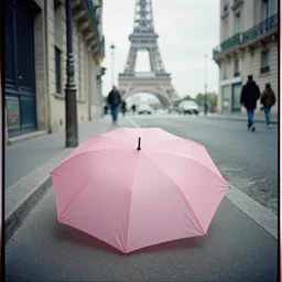 street of paris photography, a pink umbrella on the floor, cinestill 8 0 0 t, in the style of william eggleston